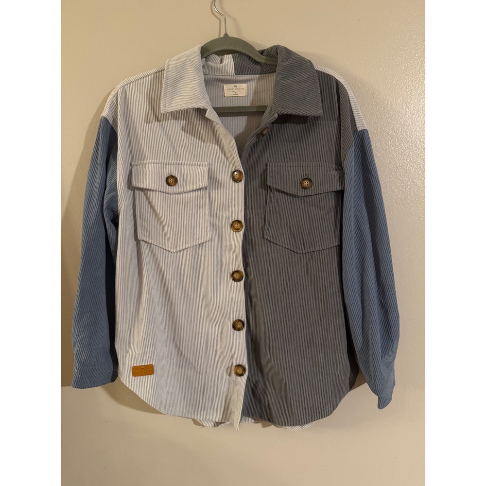Simply Southern Colorblock Corduroy Shacket Blue Grey Cream Small Womens